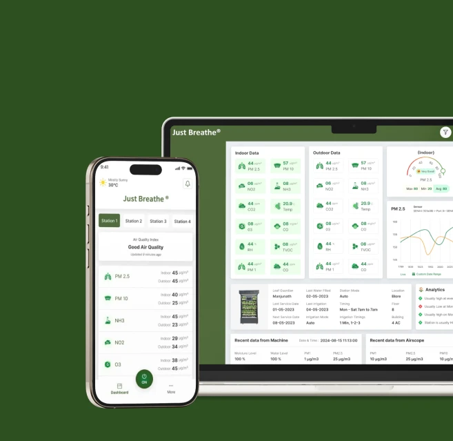 The Just Breathe dashboard on a phone and tablet showing air quality readings