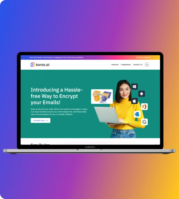 The Koras.ai encrypted email interface on a laptop