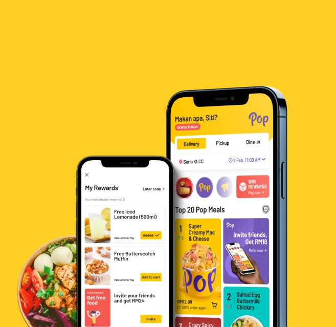 The Pop Meals app on two phones beside a meal bowl