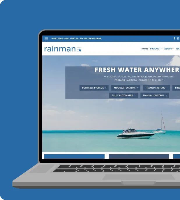 The Rainman site on a laptop, a yacht at sea behind the headline