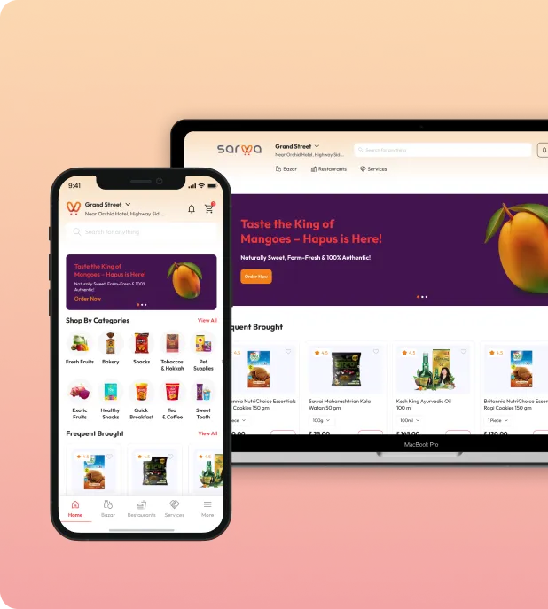 The Sarwa marketplace on a phone and laptop showing a grocery storefront