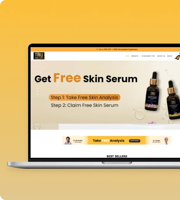The Tru Hair and Skin store on a laptop showing a serum offer