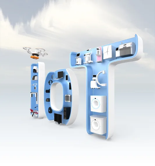 A connected home dashboard on a phone, with the devices it controls around it