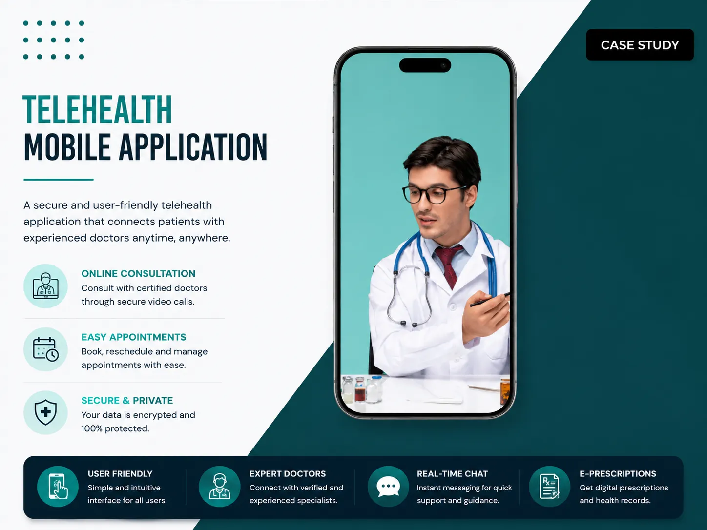 A stock photograph of a doctor at a desk, shown inside a phone frame