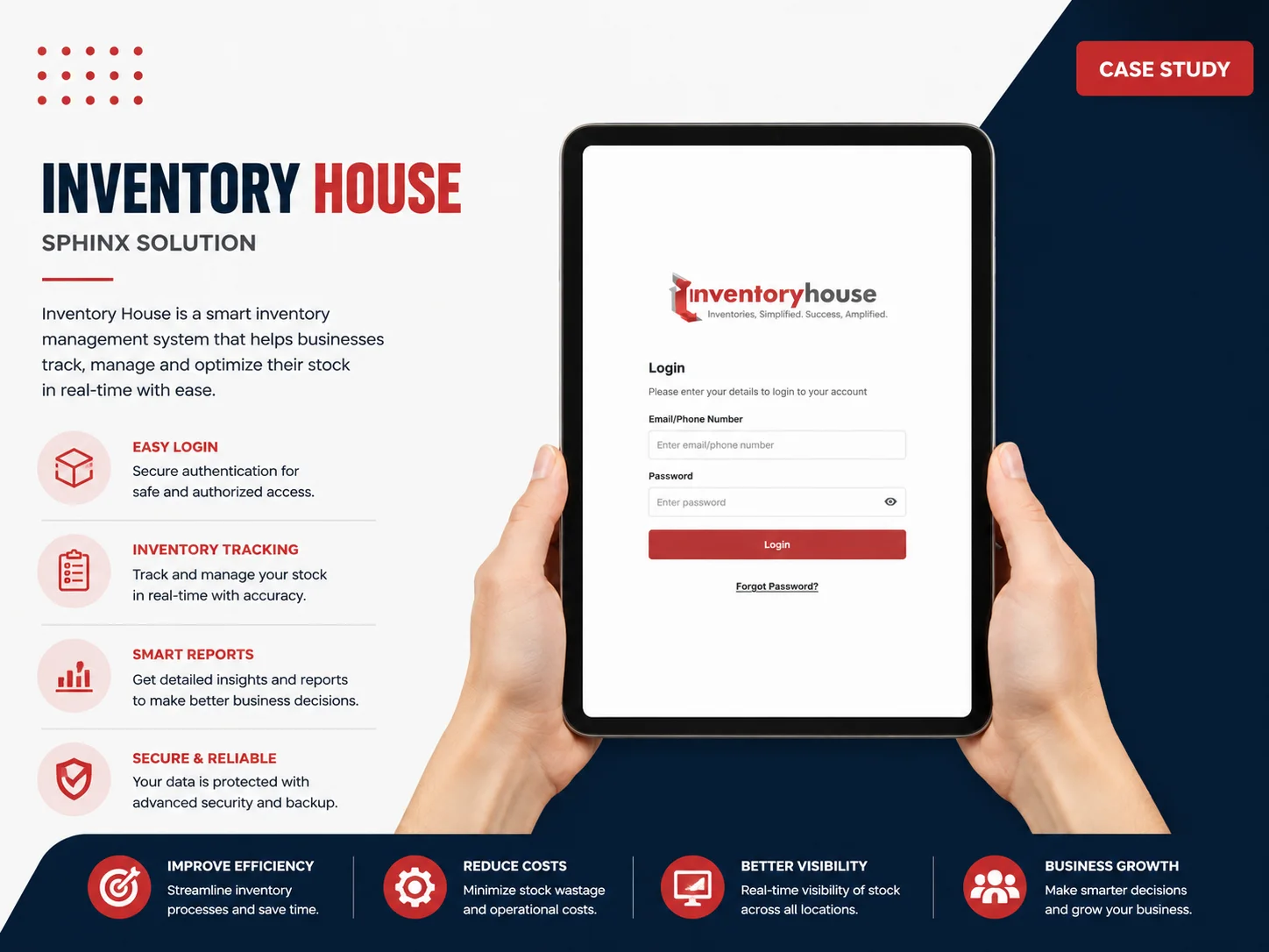 The Inventory House admin app at its login screen on a tablet held in both hands