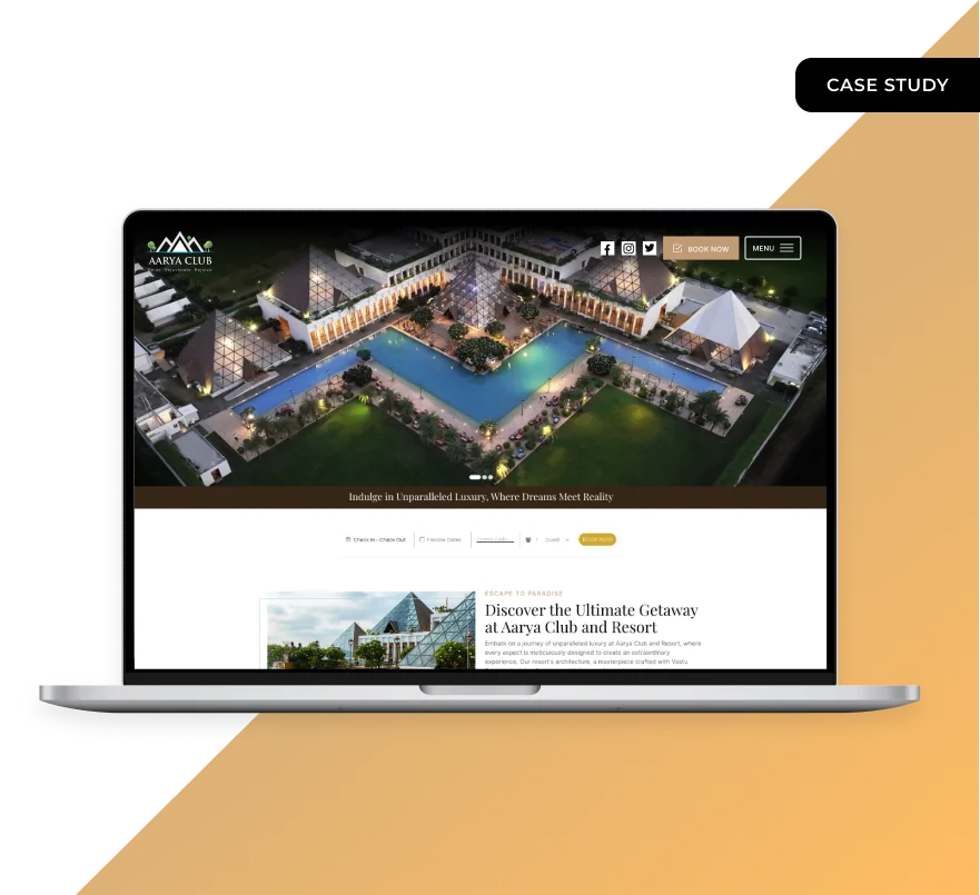 The Aarya Club home page on a laptop, an aerial night view of the pool between four lit glass pyramids above a check-in and check-out booking bar
