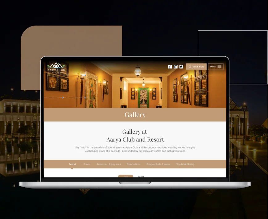 The Aarya Club gallery page on a laptop, headed &ldquo;Gallery at Aarya Club and Resort&rdquo; with its wedding venue copy, and tabs for Resort, Room, Restaurant and play area, Celebrations, Banquet halls and lawns, and Spa and well being