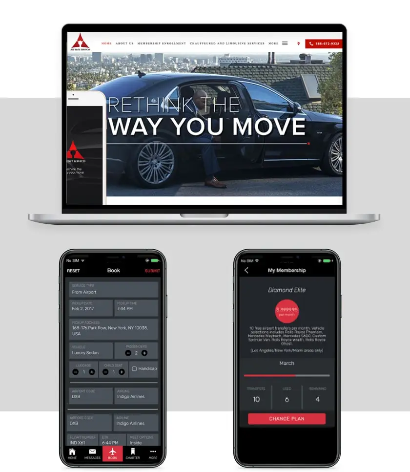 The Ace Elite website on a laptop above two app screens: an airport booking form with vehicle, passengers, luggage and flight details, and a Diamond Elite membership screen showing transfers used and remaining