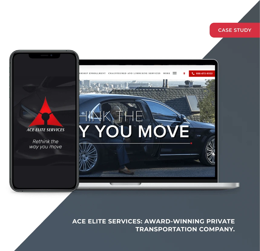 The Ace Elite Services app splash beside the website, reading Rethink the way you move
