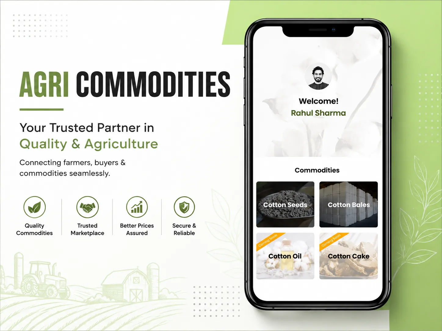 The AgriComm app welcoming a trader above commodity tiles for cotton seeds and cotton bales