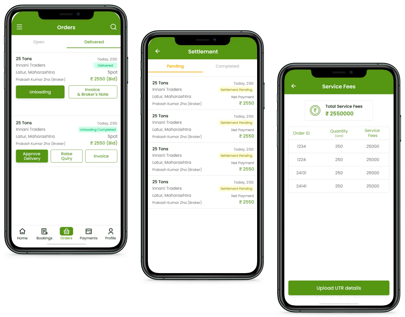 Three AgriComm screens: an order for 25 tons showing the trader, the location and the broker with unloading and invoice actions, a settlement list of pending net payments, and a service fees table by order