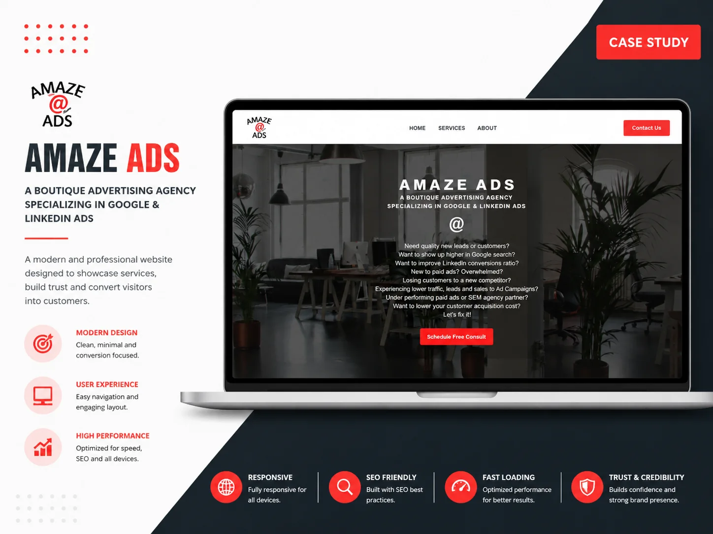 Case study cover for Amaze Ads: the agency site on a laptop, headed &ldquo;a boutique advertising agency specializing in Google & LinkedIn ads&rdquo;