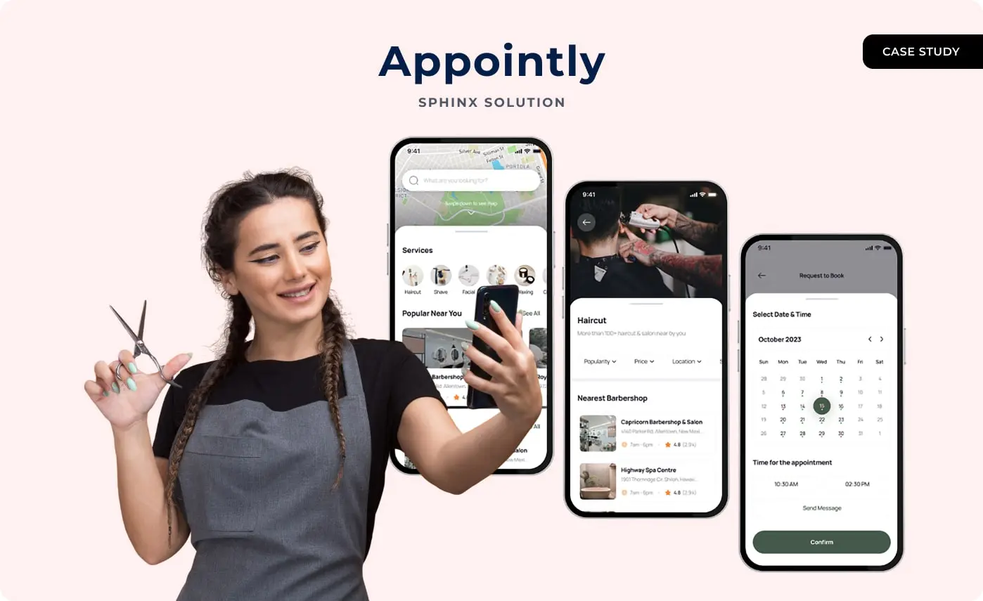 A hairdresser holding scissors and a phone beside three Appointly screens: salons on a map, a haircut listing, and a calendar picking a date and time