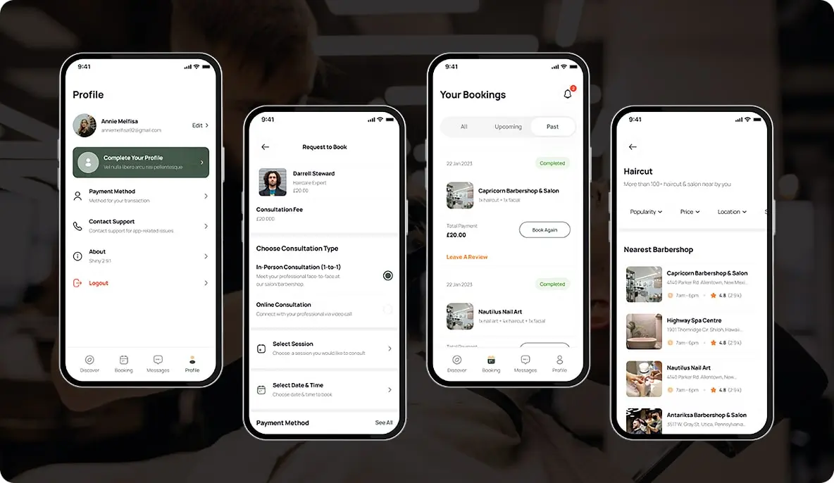 Four Appointly screens: a client profile with payment method and support, a booking request showing the professional and a &pound;20 consultation fee with in-person or online chosen, past bookings marked completed, and barbershops listed by rating and opening hours