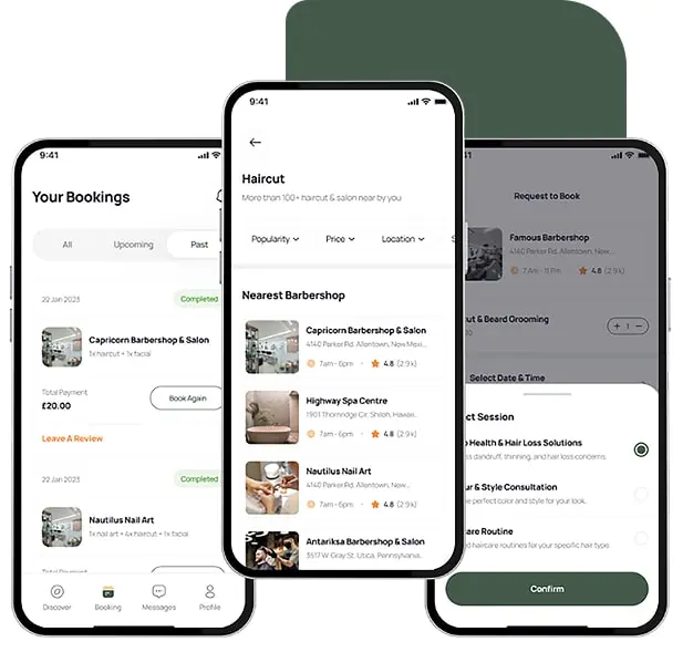 Three Appointly screens: past bookings with their totals and a Book Again button, the nearest barbershops filtered by popularity, price and location, and the session picker offering hair health, style consultation and haircare routine