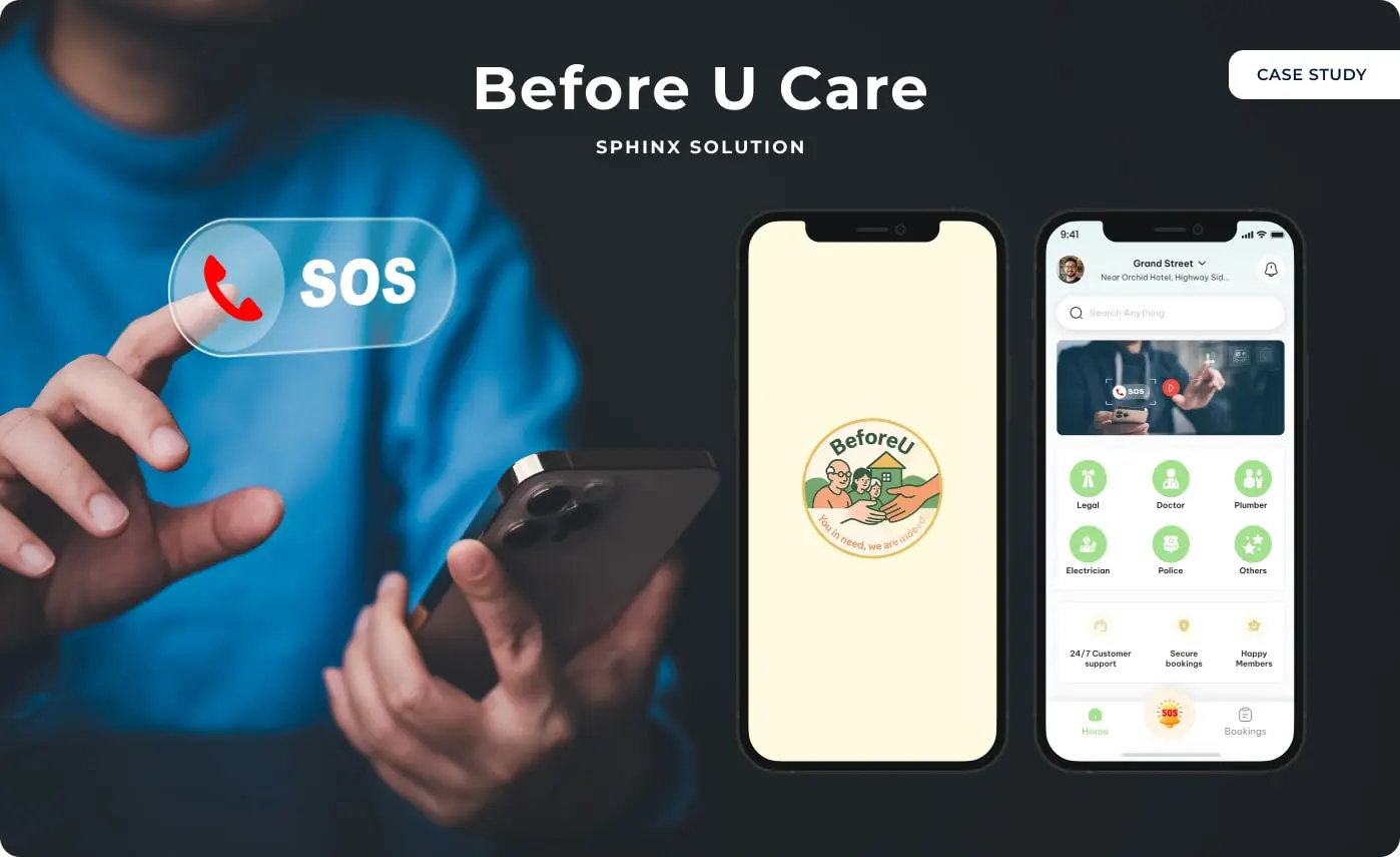 Before U Care app screens showing emergency service categories and a request in progress