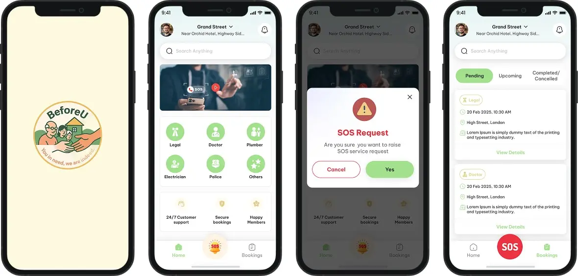 Before U Care app screens showing the emergency service categories and a request in progress