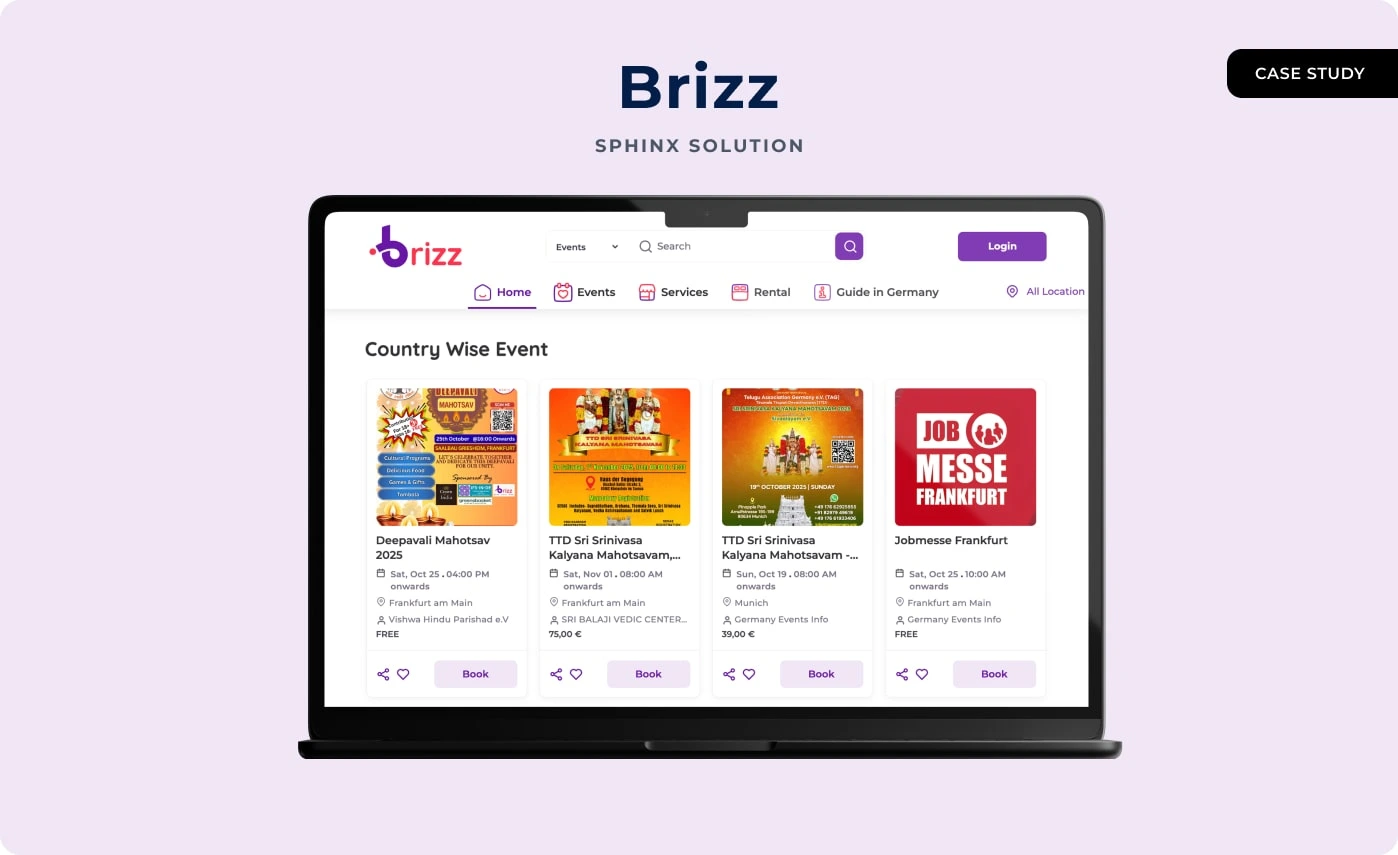 The Brizz web app on a laptop, showing country-wise Indian events in Frankfurt and Munich priced in euros