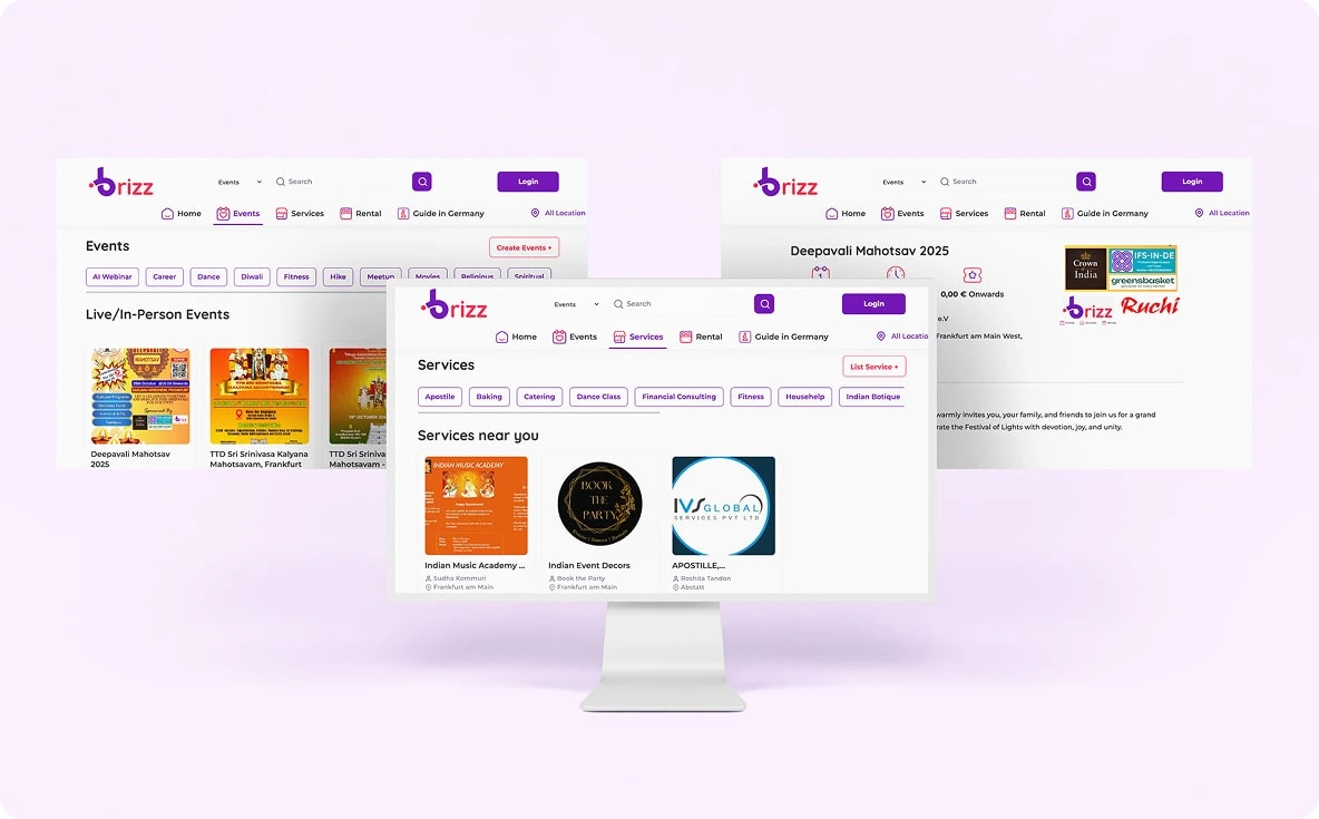 Three Brizz screens: events filtered by category, a Deepavali Mahotsav event page with its sponsors, and services near you filed under Apostille, Catering, Dance Class and Househelp
