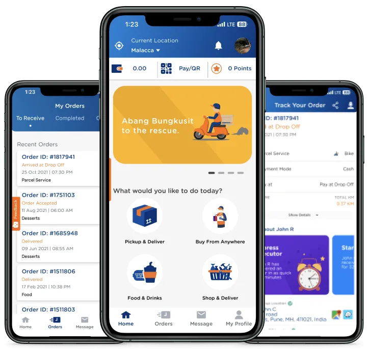 Three Bungkusit app screens: recent orders with their status, the home screen offering Pickup & Deliver, Buy From Anywhere, Food & Drinks and Shop & Deliver, and a live order tracking view