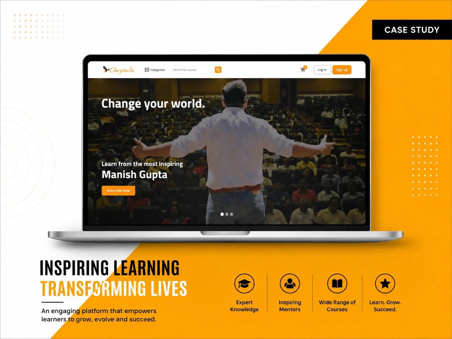 The Chrysalis learning portal on a laptop, headed Change your world with course search and sign-up