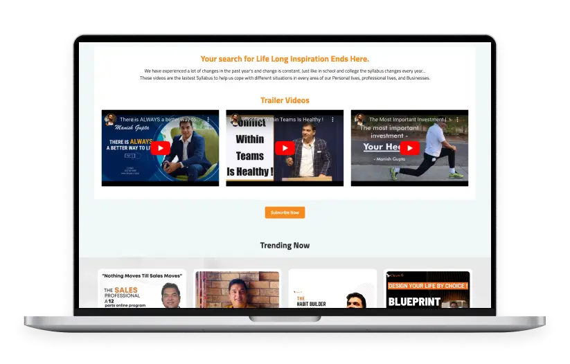 The Chrysalis portal: trailer videos above a trending courses row carrying a sales programme, a habit-building course and a life design blueprint
