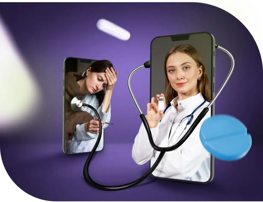An illustration of remote consultation: a doctor on one phone screen and a patient on another, with a stethoscope and tablets around them. Illustrative rather than a screenshot of the app