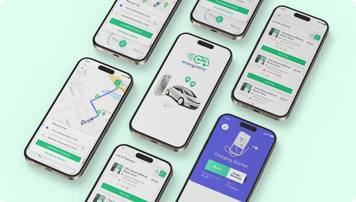 Seven Energi Bharat app screens laid out at an angle: the splash screen with a car at a charge point, route planning on a map, a list of nearby stations with availability, and a charging session showing 50% and 45 minutes remaining