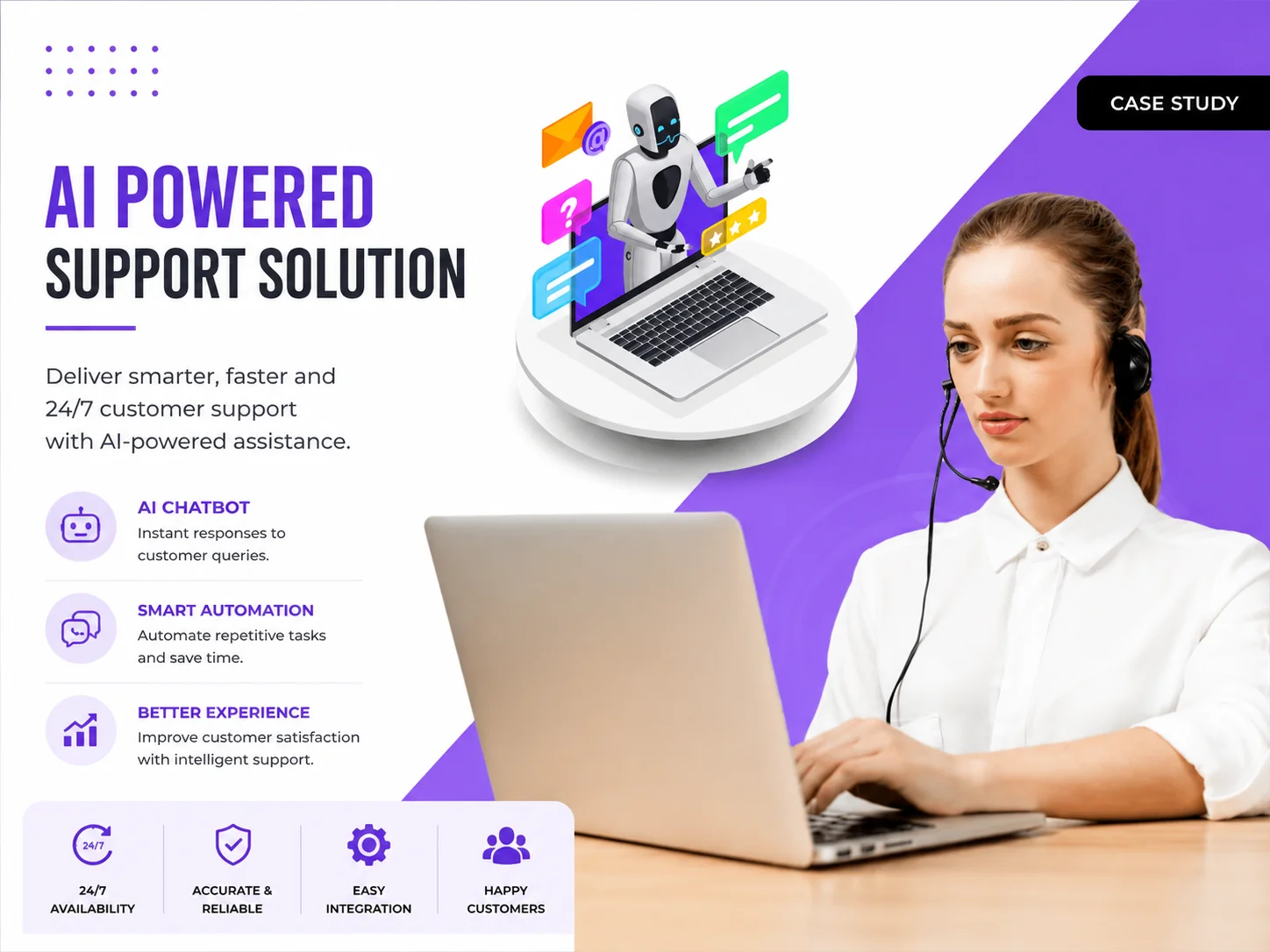 A call centre agent at a headset beside an illustration of a support bot handling queries