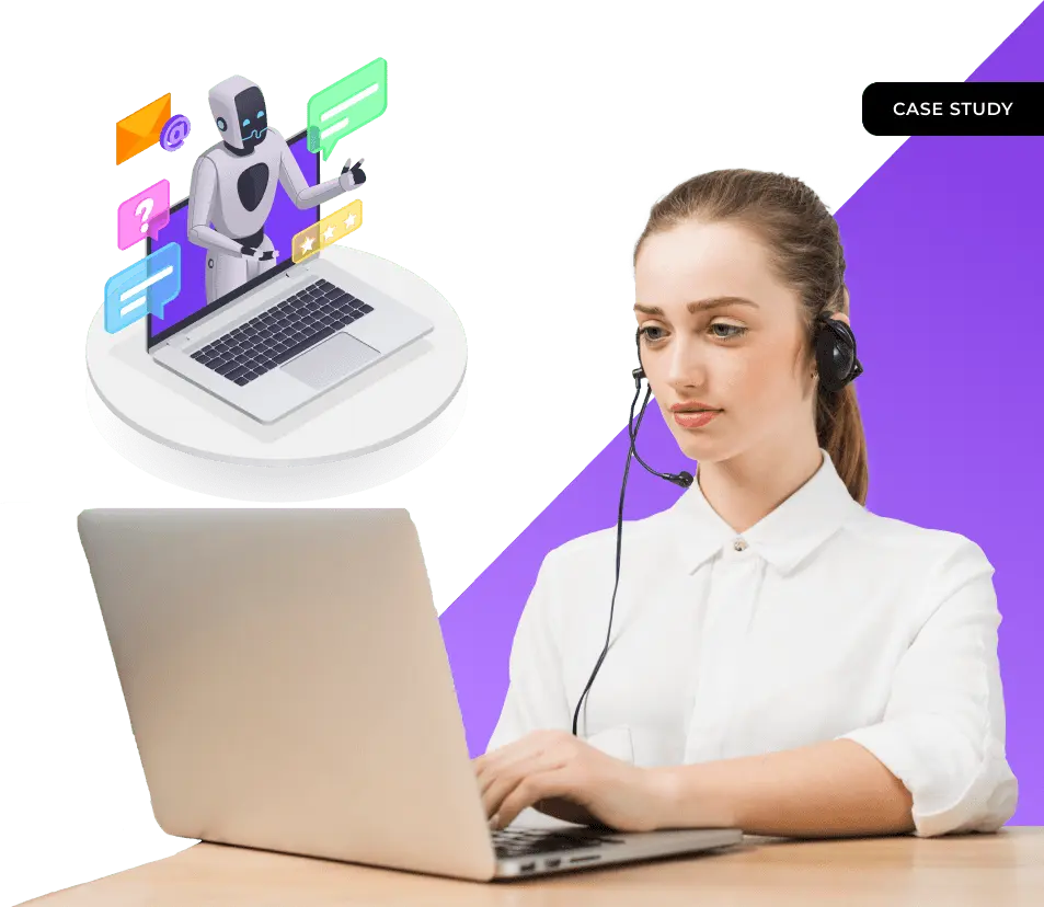 Case study cover: a call centre agent at a headset beside an illustration of a support bot handling messages and queries