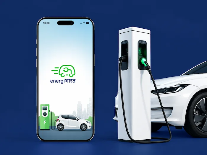The Energi Bharat app open on a phone beside a charging station plugged into a white electric car
