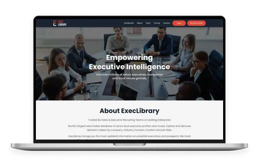 The ExecLibrary marketing site on a laptop, headed &ldquo;Empowering Executive Intelligence&rdquo; above an About section