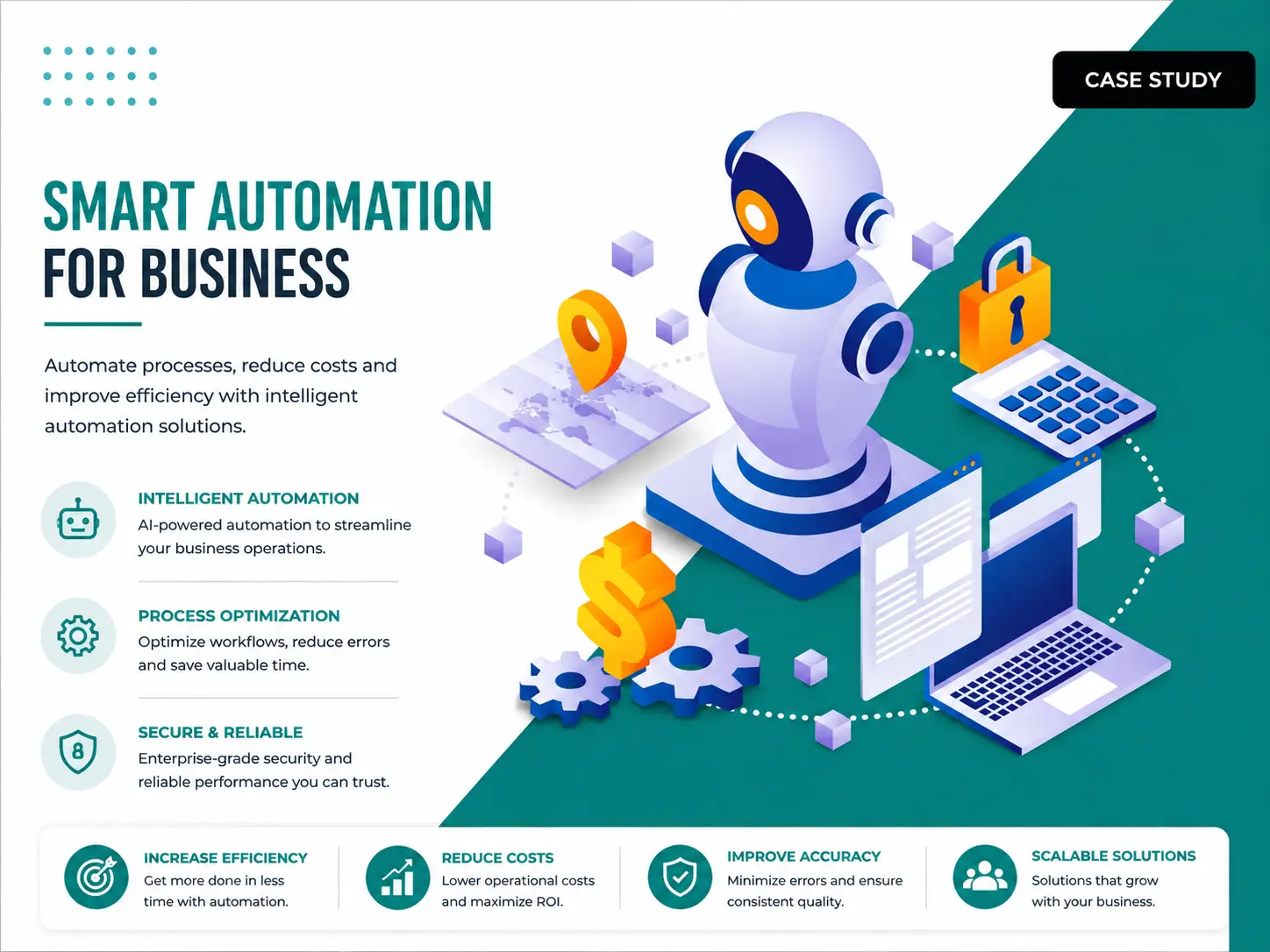 An illustration of an automation bot surrounded by documents, a calculator and currency