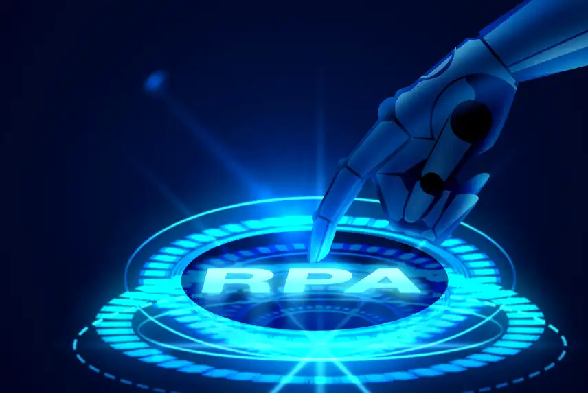 An illustration of robotic process automation: a robotic hand pressing a glowing RPA control