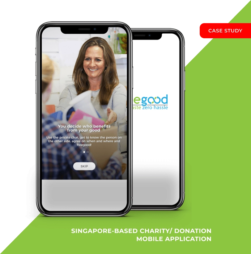 Case study cover: two phones showing the Freegoods welcome screen and app logo