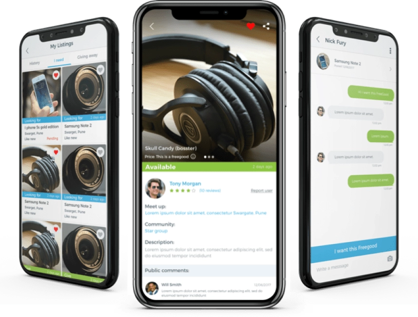 Three Freegoods screens: a listings grid of cameras, an item page for a camera, and a chat to arrange the hand-over