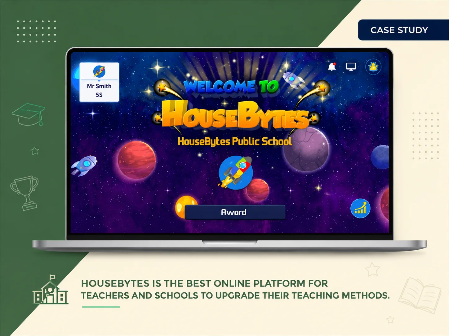 The HouseBytes welcome screen for a school, space themed, with the teacher signed in to their class