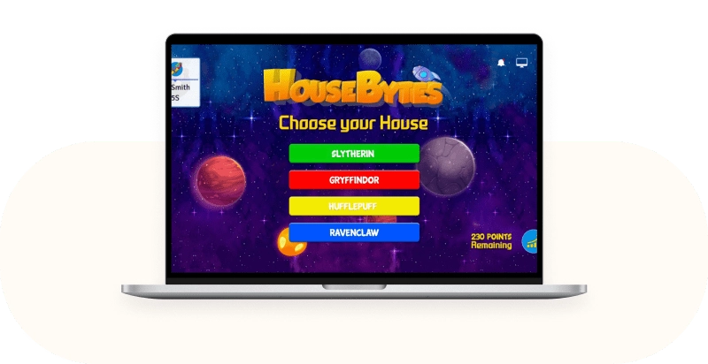 The HouseBytes house selection screen, where a teacher picks which house a set of points goes to