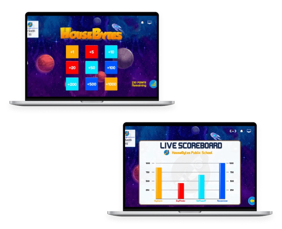 Two HouseBytes screens: a grid of point values from plus one to plus a thousand with the teacher&rsquo;s remaining allowance, and a live scoreboard charting each house&rsquo;s total