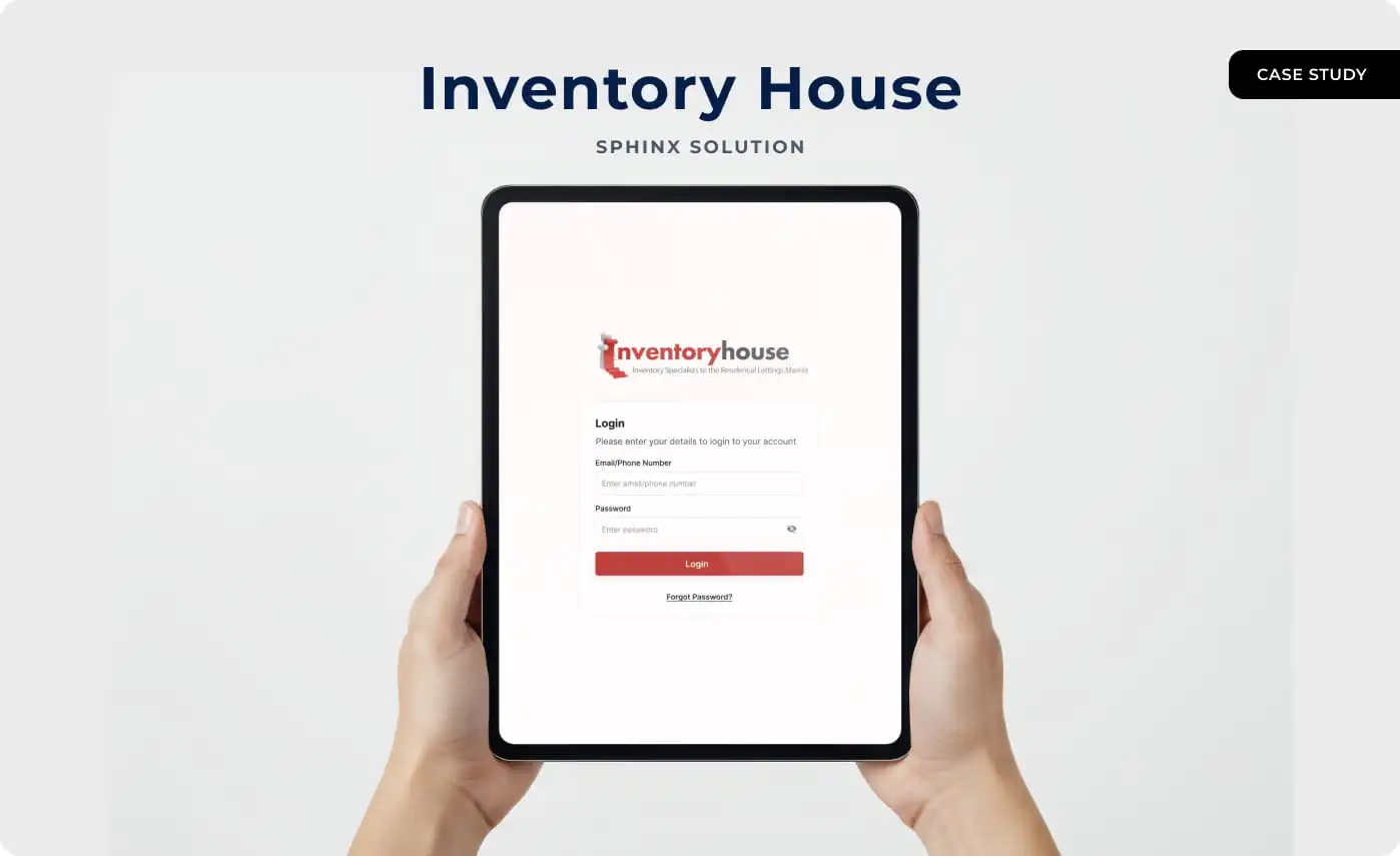 Case study cover: the Inventory House admin app open at its login screen on a tablet held in both hands, under the strapline &ldquo;Inventory Specialists to the Residential Lettings Market&rdquo;