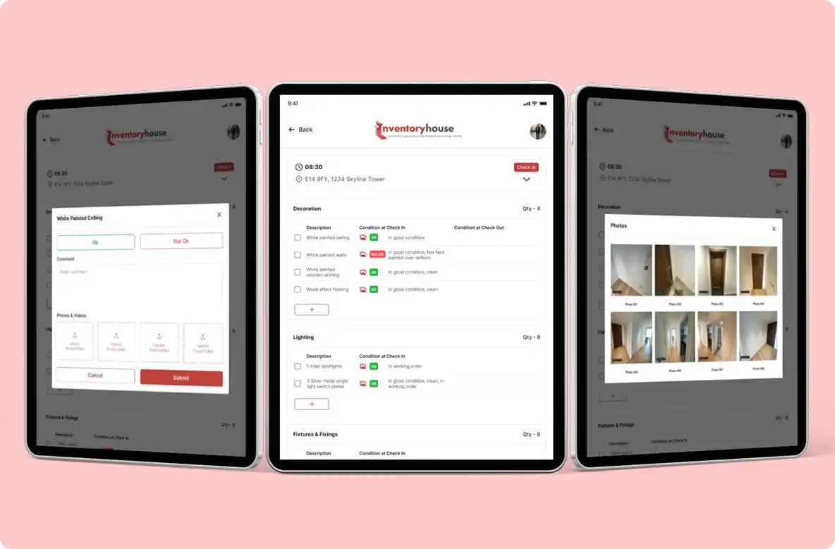 Three tablets showing a check-in report: decoration, lighting and fixtures listed with their condition, an item marked Ok or Not Ok with a comment box, and a grid of captured photographs