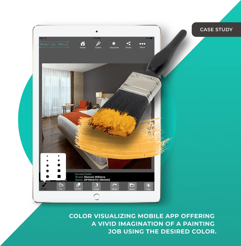 An iPad running iPaintMySpace over a photograph of a bedroom, with a paintbrush sweeping orange across the wall