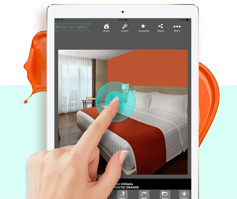 The one-touch fill in use: a finger tapping the wall in a photographed bedroom, and the wall filling with orange paint, with undo, redo and save along the bottom
