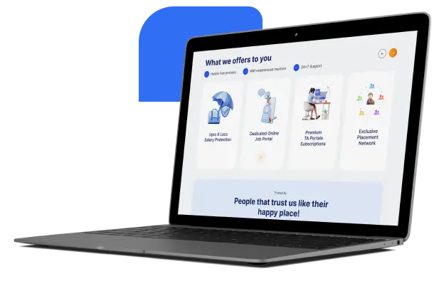 The Jobegis offering on a laptop: salary protection up to 8 lakh, a dedicated online job portal, premium TA portal subscriptions and an exclusive placement network