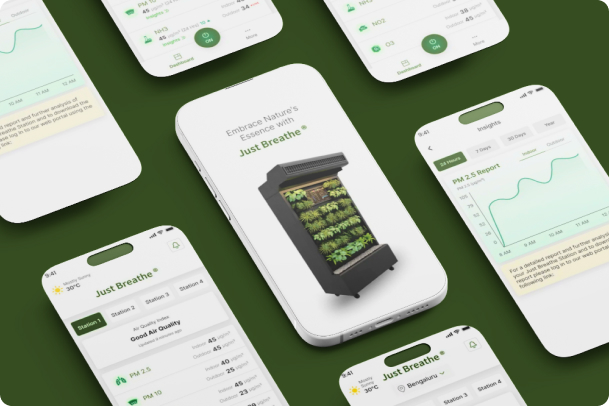 Just Breathe app screens arranged around a render of the station itself, a cabinet of living plants, with a particulate report and station dashboards for Bengaluru