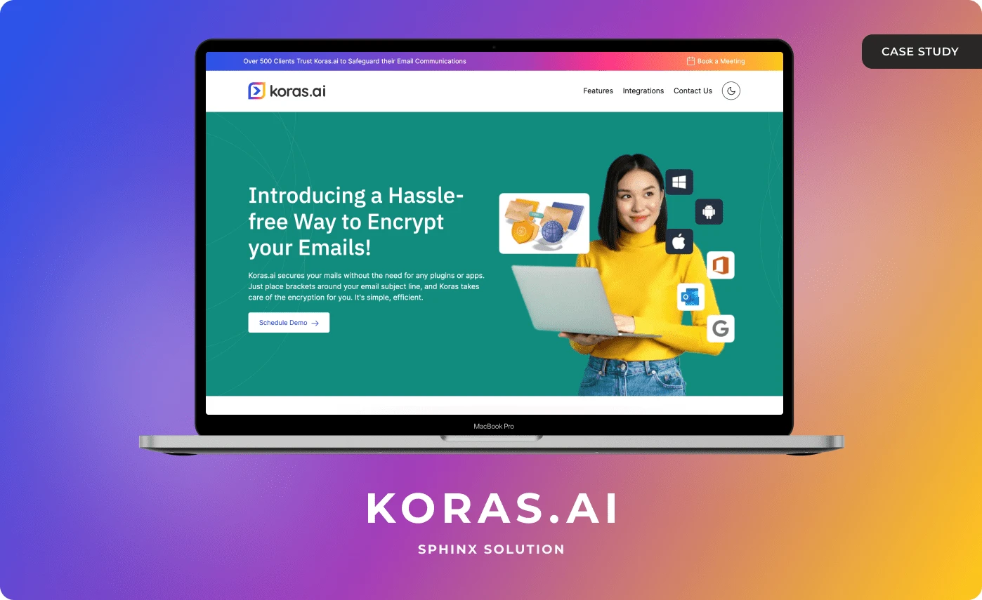 The Koras.ai site on a laptop, headed Introducing a Hassle-free Way to Encrypt your Emails