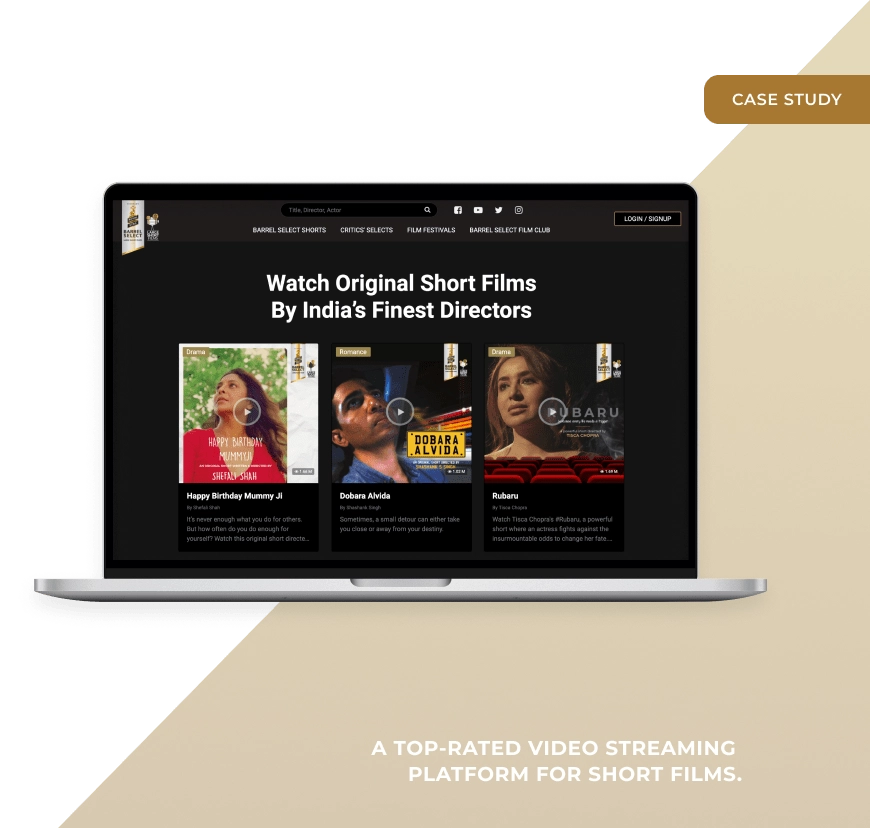 The Large Short Films site on a laptop, headed Watch Original Short Films By India&rsquo;s Finest Directors