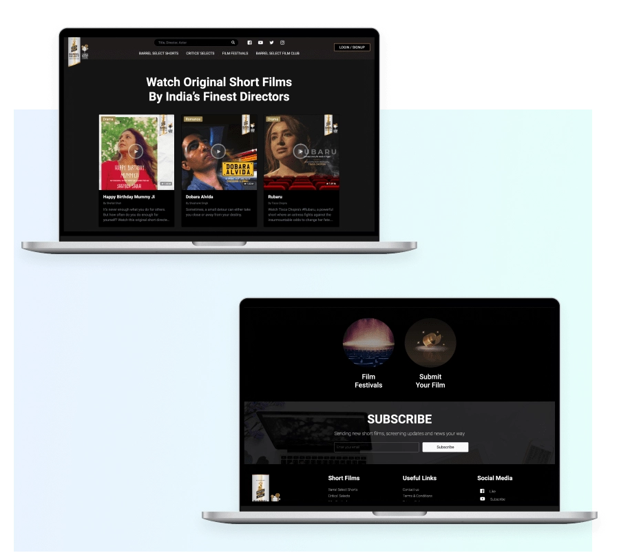 The Large Short Films site: the film catalogue above sections for film festivals and submitting your own film, with a subscribe band for screening updates