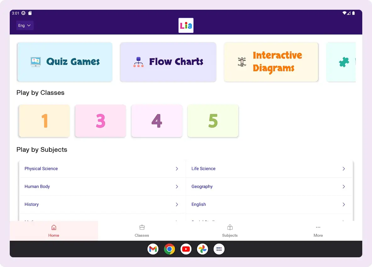 The Lia Education app home on a tablet: play by class, or by subject across physical science, life science, the human body, geography, history and English