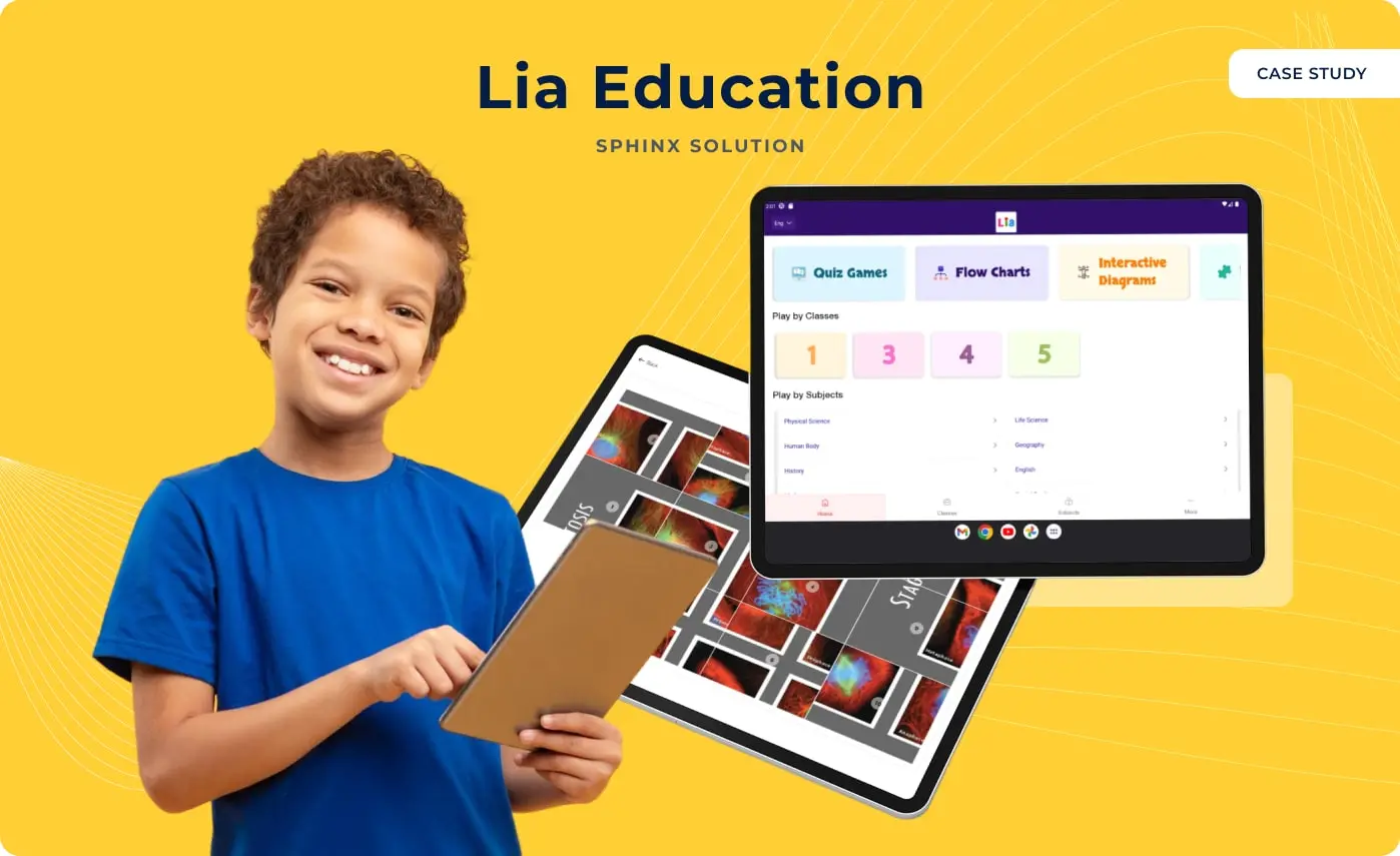 A child with a tablet beside the Lia Education app, showing quiz games, flow charts and interactive diagrams